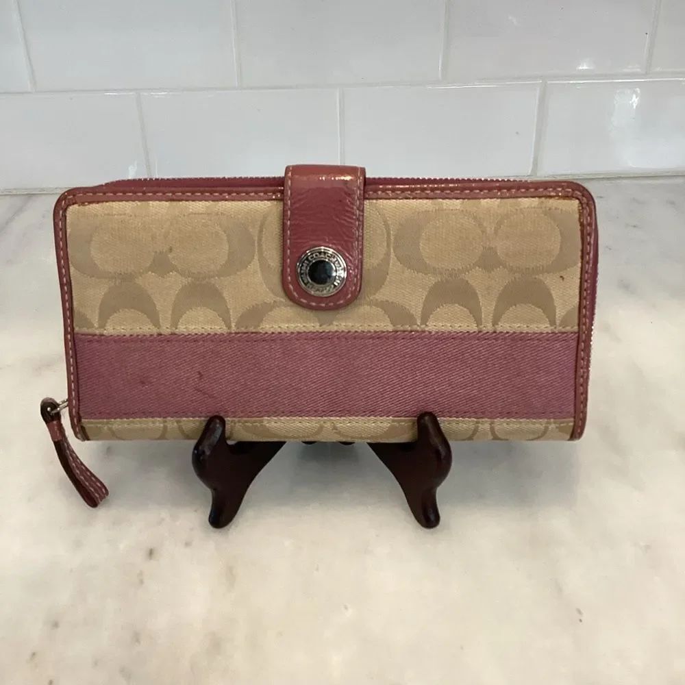 Coach Wallet Canvas Pink Tan Jacquard Signature Stripe Logo Full Sized Wallet